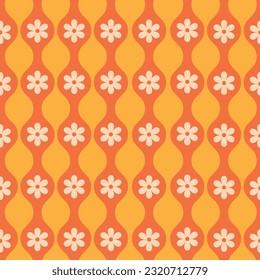 Retro white flowers on  mid century orange hourglass  ogee seamless pattern over tangerine background. For home décor, wallpaper and fabric 