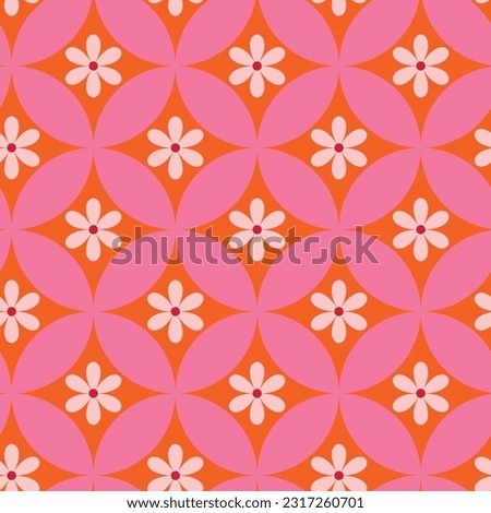 Retro white flowers on mid century pink circles seamless pattern over orange background. For home decor, textile and retro backgrounds. 
