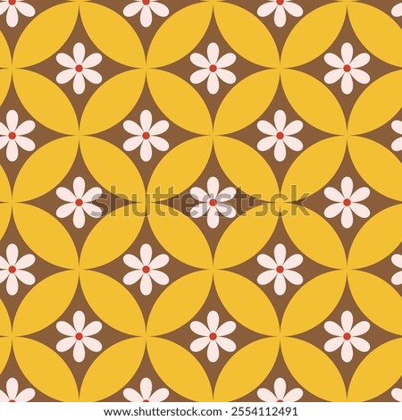 Retro white flowers on mid century orange circles seamless pattern over brown background. For home decor, textile and wallpaper.