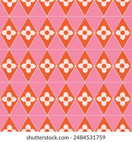 Retro white flowers on pink and orange diamond shapes seamless pattern. For fabric, wallpaper and home décor.