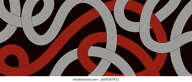Retro White and Red Geometric Bold Wavy Lines on Dark Background. Luxurious vintage banner. Perfect for branding, poster, wallpaper, wall art, decoration