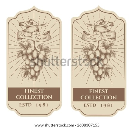 Retro white and red wine labels. Wine product vintage design template isolated vector illustration