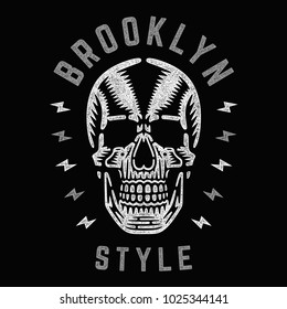 Retro white skull. Vintage print for t-shirt. Bizarre dead head. Brooklyn style.
