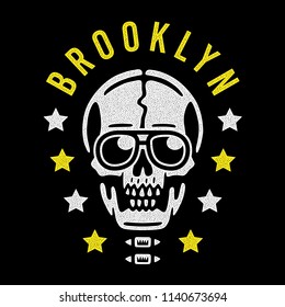 Retro white skull. Vintage print for t-shirt. Bizarre dead head. Brooklyn style.
