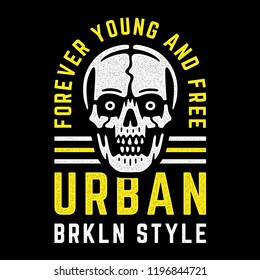 Retro white skull. Vintage print for t-shirt. Bizarre dead head. Forever young and free. Brooklyn. Urban style.