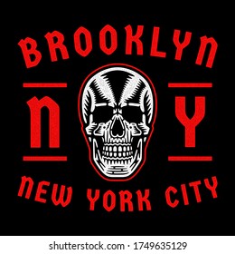 Retro white skull. Vintage print for t-shirt. Bizarre dead head. New York City. Brooklyn. Urban style.