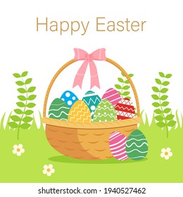 Retro wicker basket with colorful eggs on a meadow in the grass and copy space with text happy Easter. Flat style design vector illustration