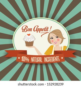 Retro Wife Illustration With Bon Appetit Message, Vector Format