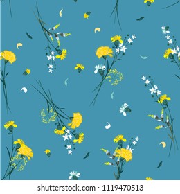 Retro Wild flower pattern Botanical Motifs scattered random. Seamless vector texture. For fashion prints. Printing with in hand drawn style on vintage blue  color background.
