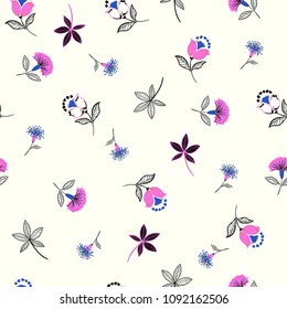 Retro wild flower pattern in the many kind of flowers.Botanical . Seamless vector texture. Elegant template for fashion prints. Printing with in hand drawn style on white background.
