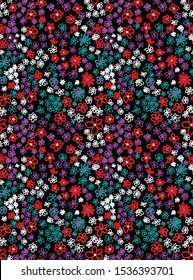 Retro wild flower pattern in the many kind of florals. Botanical Motifs scattered random. Seamless vector texture. For fashion prints. Printing with in hand drawn style on black background.