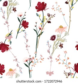 Retro Wild Flower Pattern In The Many Kind Of Florals. Botanical Motifs Scattered Random. Seamless Vector Texture. For Fashion Prints. Printing With In Hand Drawn Style On White Background.
