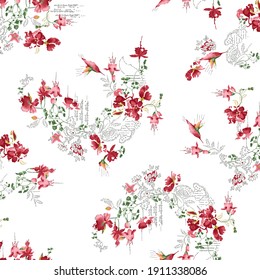 Retro wild flower pattern in the many kind of florals. Botanical Motifs scattered random. Seamless vector texture. For fashion prints. Printing with in hand drawn style on white background. simple red