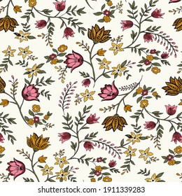 Retro wild flower pattern in the many kind of florals. Botanical Motifs scattered random. Seamless vector texture. For fashion prints. Printing with in hand drawn style on white background. soft color