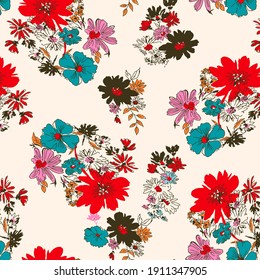 Retro wild flower pattern in the many kind of florals. Botanical Motifs scattered random. Seamless vector texture. For fashion prints. Printing with in hand drawn style on bright background.flower red