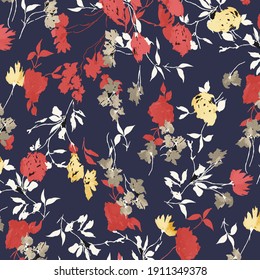 Retro wild flower pattern in the many kind of florals. Botanical Motifs scattered random.Seamless vector texture. For fashion prints. Printing with in hand drawn style on blue background.yellow flower