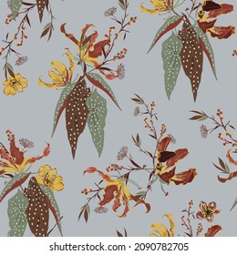 Retro wild flower vintage mood ,botanical plants seamless pattern,Design for fashion , fabric, textile, wallpaper, cover, web , wrapping and all prints on vintage grey

