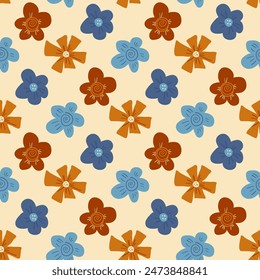 Patrón sin fisuras de flores silvestres retro. Fondo sin fin floral. Cubierta de repetición botánica. Vector azul y marrón plano dibujado a mano ilustración.
