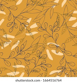 Retro wild hand drawn seamless pattern or wallpaper with yellow spring or summer  meadow blossom flowers. Vintage  floral textile print and small ditsy elements, isolated feminine vector illustration