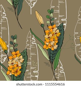 Retro wild seamless floral pattern. Blooming realistic isolated flowers. Hand drawn. Vector illustration.