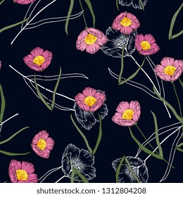Retro wild seamless floral pattern of roses. Vintage background blooming realistic isolated flower print. Hand drawn vector illustration.