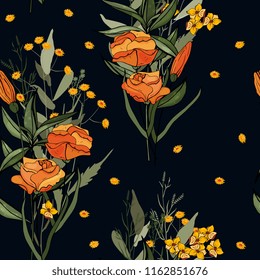 Retro Wild seamless flower pattern. Vintage background. Wallpaper. Blooming realistic isolated flowers. Hand drawn. Vector illustration.