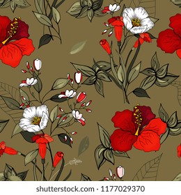 Retro Wild seamless flower pattern. Vintage background. Wallpaper. Blooming realistic isolated flowers. Hand drawn. Vector illustration.