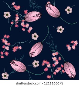 Retro Wild seamless flower pattern. Vintage background. Wallpaper. Blooming realistic isolated flowers. Hand drawn. Vector illustration.