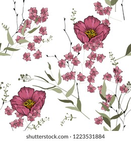 Motivo de flor retro silvestre sin fisuras. Fondo vintage. Papel tapiz. Flores aisladas realistas en flor. Dibujado a mano. Ilustración vectorial.