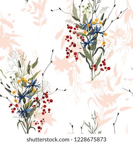 Retro Wild seamless flower pattern. Vintage background. Wallpaper. Blooming realistic isolated flowers. Hand drawn. Vector illustration.