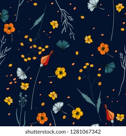 Retro Wild seamless flower pattern. Vintage background. Wallpaper. Blooming realistic isolated flowers. Hand drawn. Vector illustration.