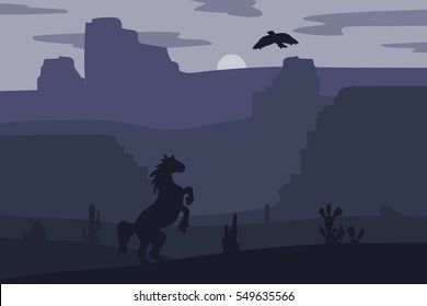 Retro Wild West galloping horse in desert. Vintage sunset in prairie with mustang, cacti and eagle in sky. Western Night. Natural Landscape for print, poster, illustration, sticker. Vector