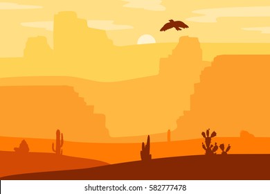 Retro Wild West galloping horse in desert. Vintage sunset in prairie with mustang, cacti and eagle in sky. Western Day. Natural Landscape for print, poster, illustration, sticker. Vector