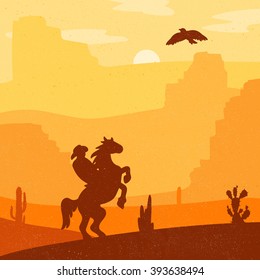 Retro Wild West Hero on galloping horse in desert. Vintage sunset in prairie with cowboy, cacti and eagle in sky. Grunge old texture. Natural Landscape for print, poster, illustration, sticker. Vector