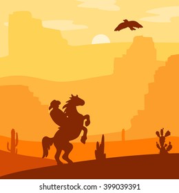 Retro Wild West Hero on galloping horse in desert. Vintage sunset in prairie with cowboy, cacti and eagle in sky. Grunge old texture. Natural Landscape for print, poster, illustration, sticker. Vector