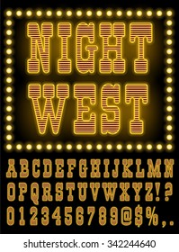 Retro Wild West Saloon Or Vegas Casino Style Night Font. Gold Colored Vector Alphabet