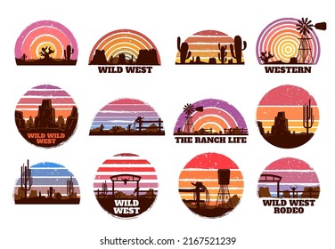 Retro wild west sunset. Western ranch silhouette, Texas nature morning landscape and desert with cactuses vector illustration set. West desert landscape summer