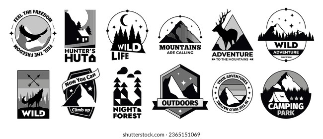 Retro wilderness logo. Summer hiking trip and camp emblem with silhouettes of trees and sky. Camp label with alps sketch vector logo. Black badges with wild nature and animals, camp site