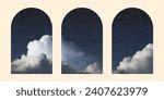 Retro winding arched window set. Collection of posters with the sky, noise effect, dots. Graphic psychedelic arched windows with space for text.