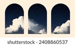 Retro winding arched window set. Collection of posters with sky, halftone effect. Graphic psychedelic arched windows with space for text.