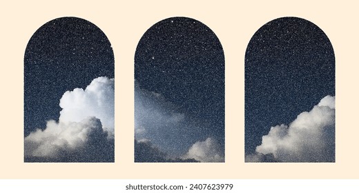Conjunto retro de ventanas arqueadas. Colección de afiches con el cielo, efecto de ruido, puntos. Escaparates gráficos con arcos psicodélicos con espacio para texto.