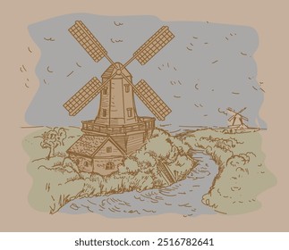 Retro windmill hand drawn illustration.. Mill, river, rural pastoral Farm landscape vintage label vector illustration