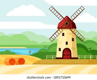 Retro windmill on field illustration. Old brick building with wooden blades processes grain from new harvest against backdrop of green grove and lake wheat milling baking fresh bread. Cartoon vector.