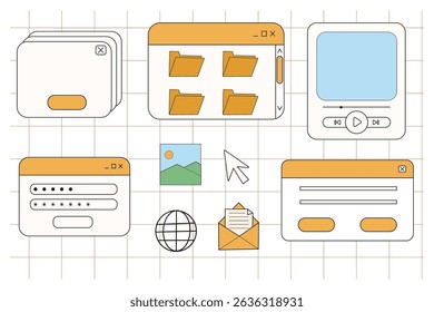 Retro window browser frame y2k interface doodle old border, chat or dialog box, player search box. Desktop ui screen vintage aesthetic. 