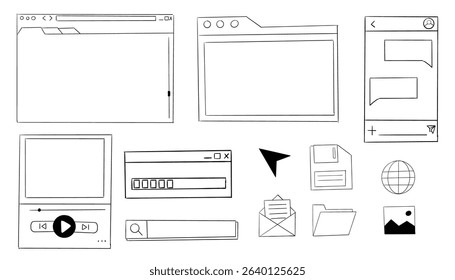 Retro window browser frame y2k interface doodle old border, chat or dialog box, player search box. Desktop ui screen vintage aesthetic. 