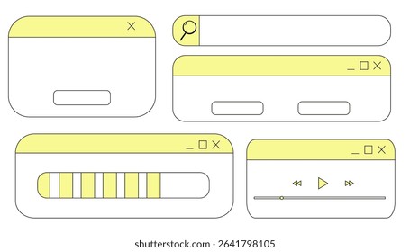 Retro window browser frame y2k interface doodle old border, chat or dialog box, player search box. Desktop ui screen vintage aesthetic. 