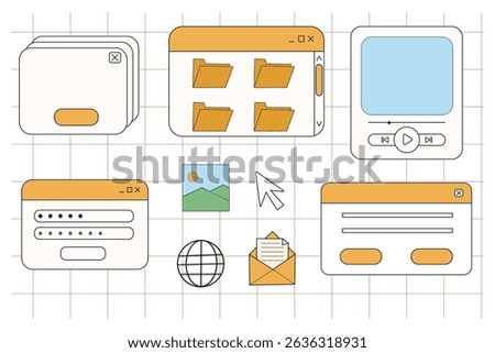 Retro window browser frame y2k interface doodle old border, chat or dialog box, player search box. Desktop ui screen vintage aesthetic. 