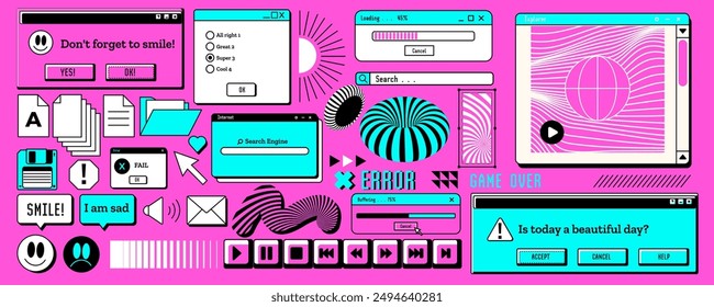 Retro window. Pixel 90s interface. Y2k style. PC browser. Computer desktop. Vaporwave icon. UI frame. Website digital sticker. Screen warning message. Web design. Smile symbol. Vector OS elements set