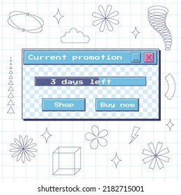 Retro window with progress bar and buttons - shop, buy now. Nostalgic aesthetics of an old computer.Retro 90s user interface. rutalism, y2k decorative elements. Vector illustration on a notebook sheet