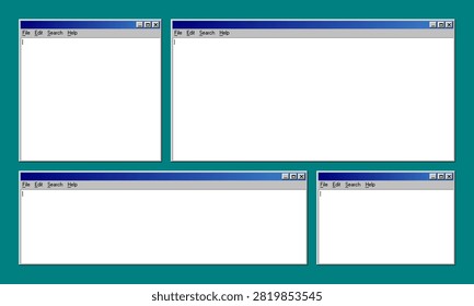 Retro window system layout for computer interface design. Multiple vintage operating system frames on a classic desktop screen background. Digital ui concept for graphic software development.